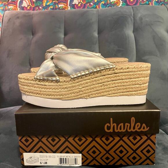 NIB Charles David "Scoop" Silver Espadrille Platform Slide Wedge Sandals US 6.5 - Picture 6 of 13